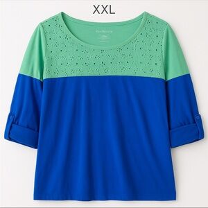Van Heusen Women’s XXL Blue Green  Colorblock Top Roll Tab Sleeve Blouse